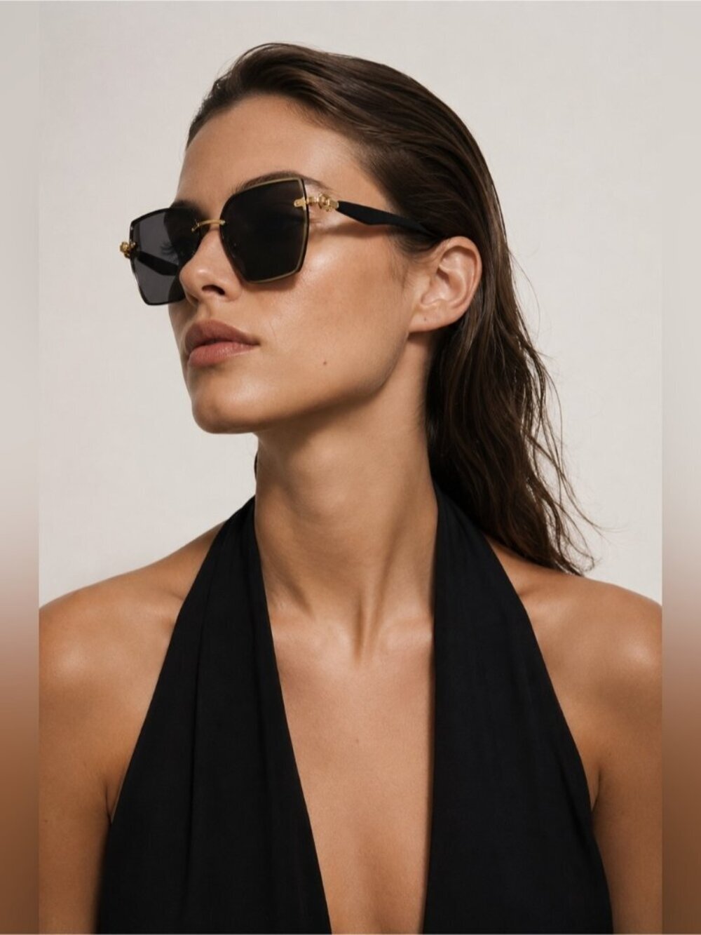 Vintage-Inspired Rimless Square Sunglasses Black & Gold